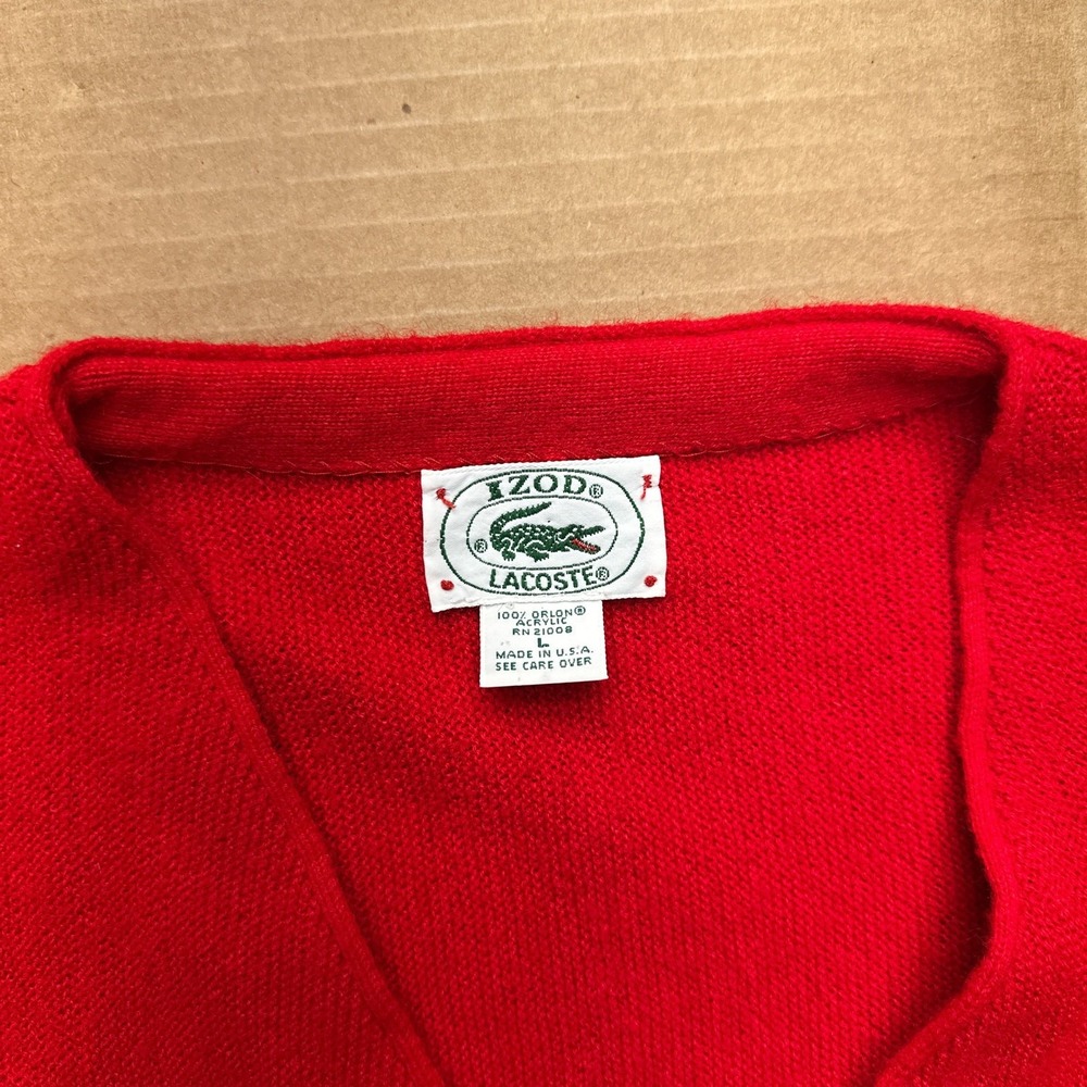 Izod Lacoste Vintage USA Cardigan Sweater Mens Sz L Red Pullover Long Sleeve - Picture 2 of 7